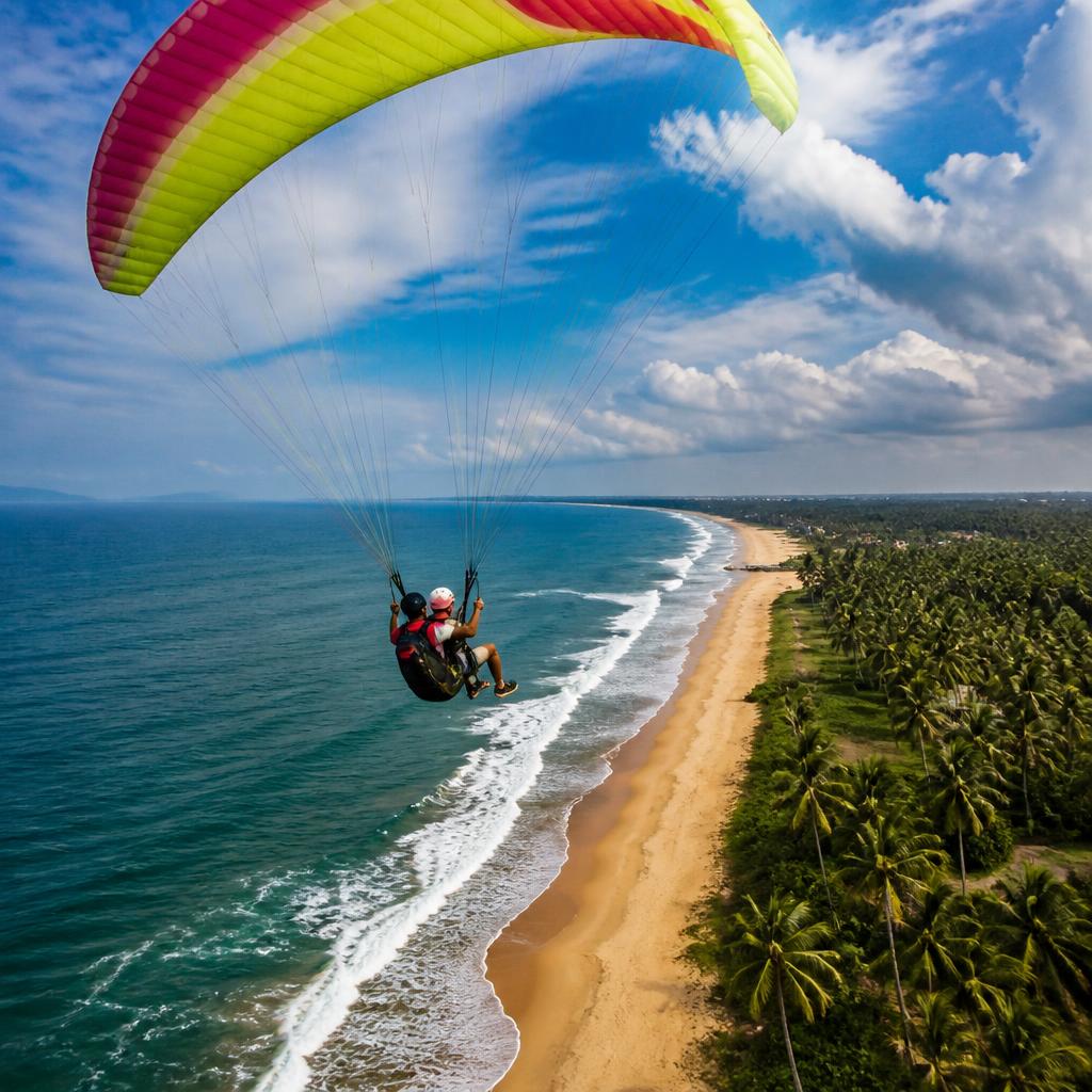 Paragliders soaring over Kannur’s golden beach and palm-fringed coastline in Kerala