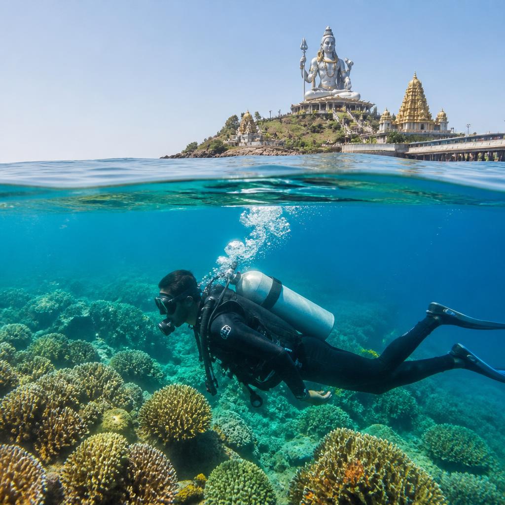 Scuba diver exploring coral reefs beneath turquoise water with Murudeshwara temple visible above
