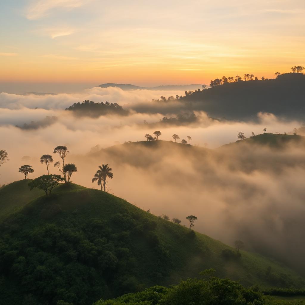 Misty coffee plantations of Coorg and Chikkamagaluru at sunrise