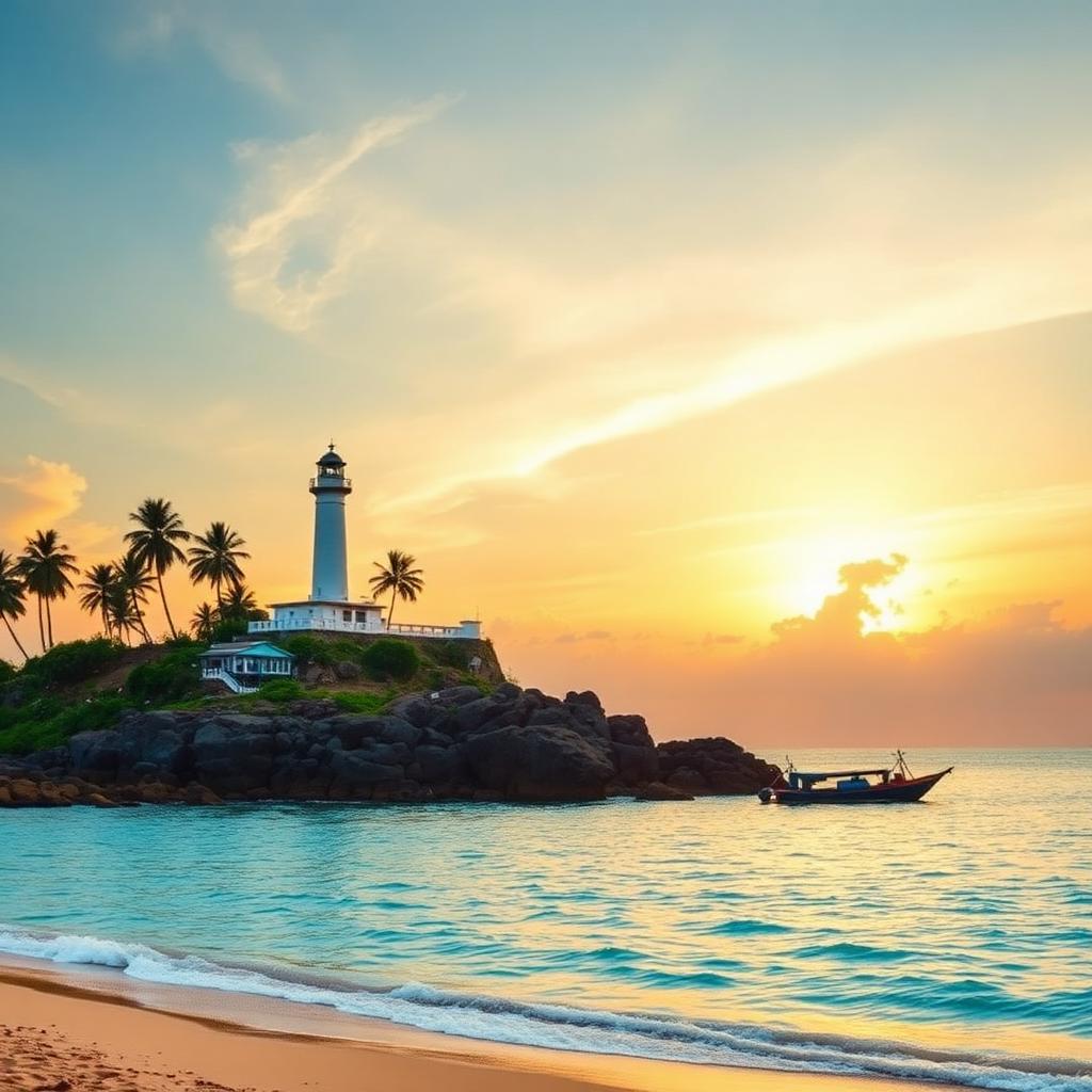 Kovalam lighthouse and Poovar backwaters at sunset in Kerala