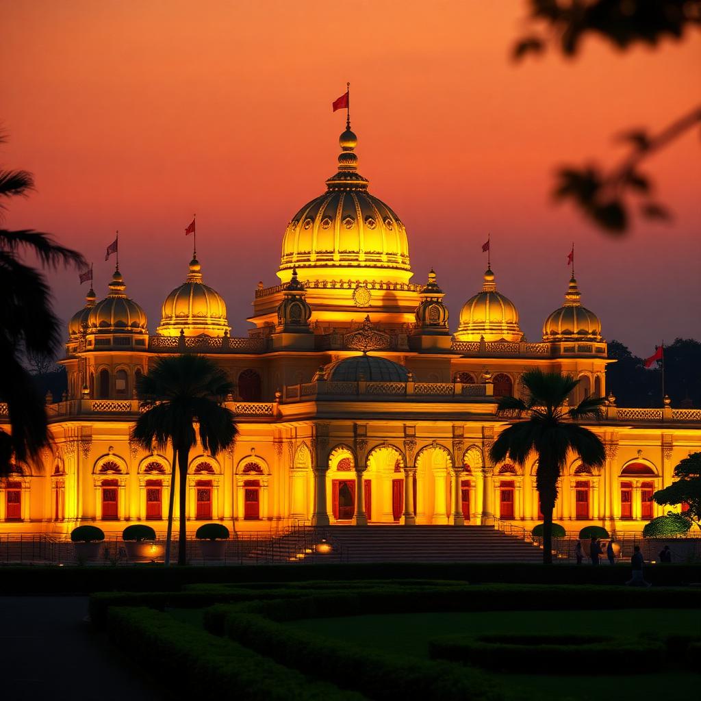 Mysore Palace illuminated at dusk with Ooty and Coorg hills