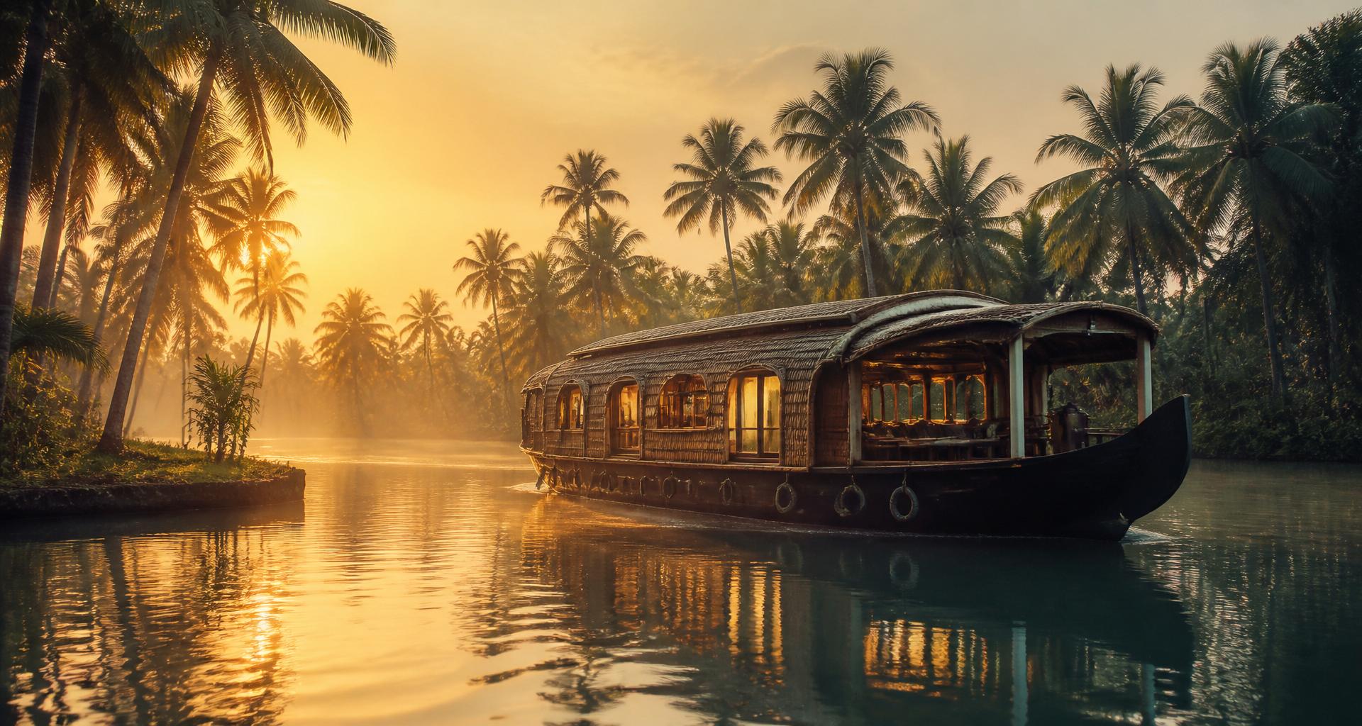Panoramic view of India blending mountains, backwaters, palaces and green valleys at sunrise