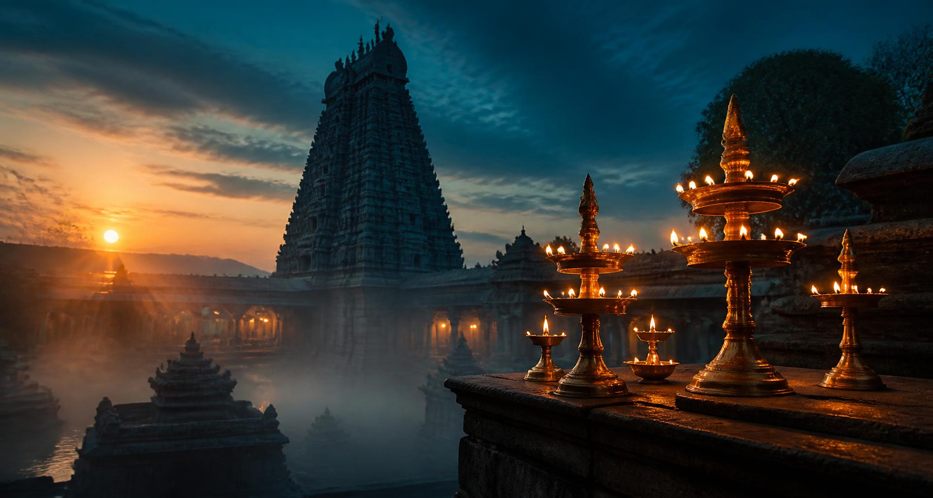 Cinematic view of India's sacred temples, ghats and pilgrims at golden sunrise