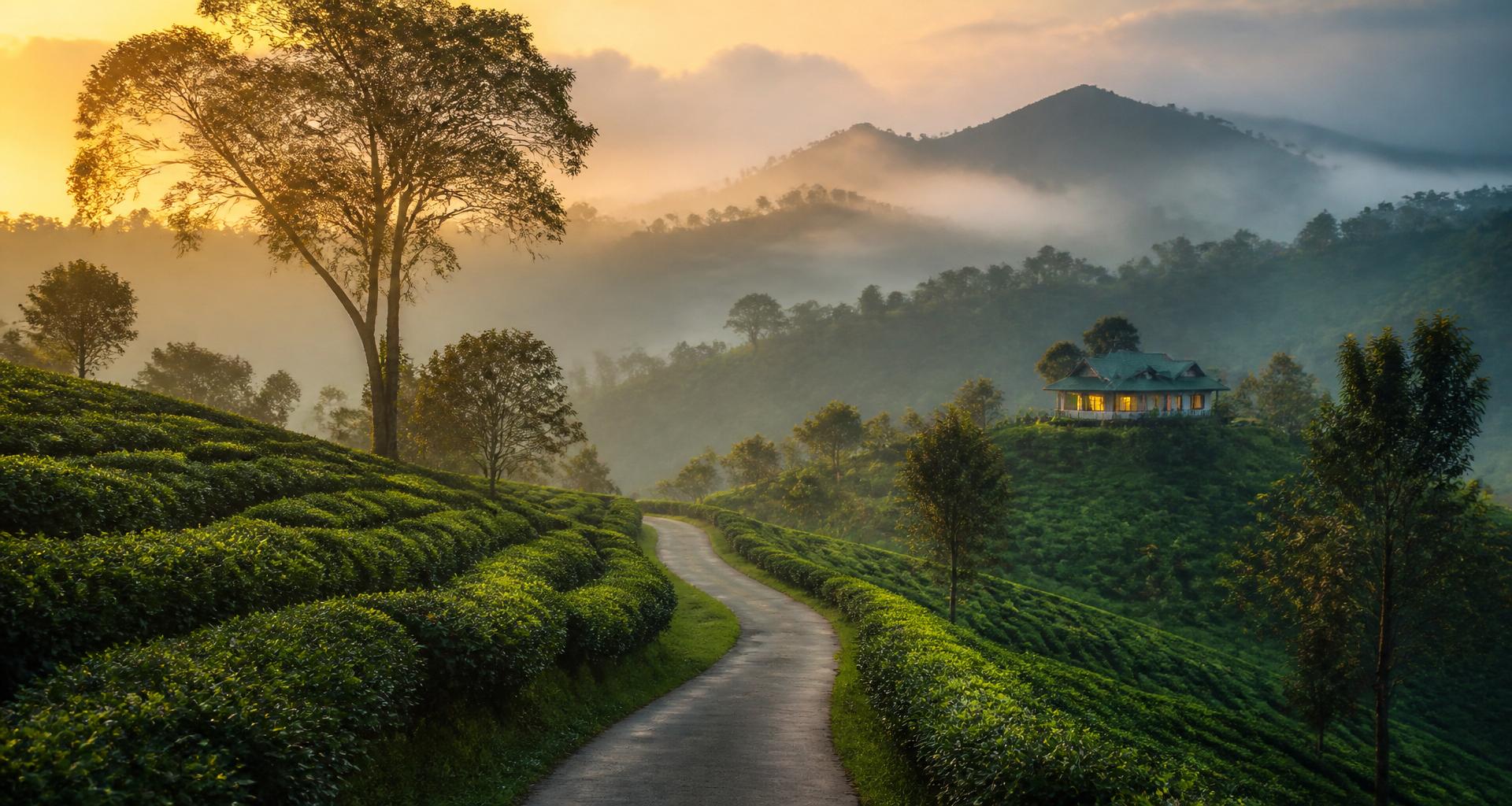 Scenic mountain road winding through the lush green Western Ghats at sunrise