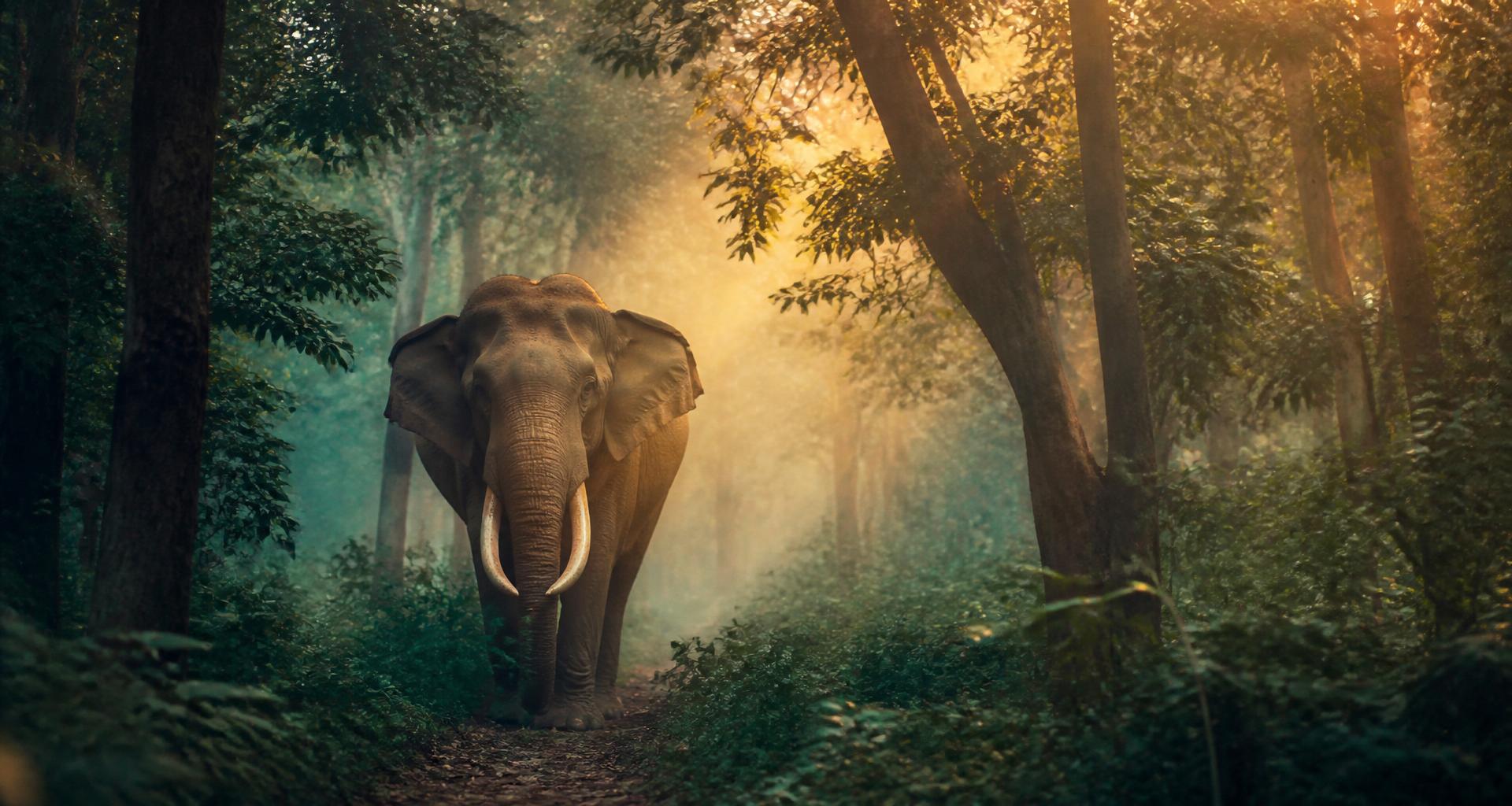 Bengal tiger walking through golden morning mist in a dense South Indian jungle