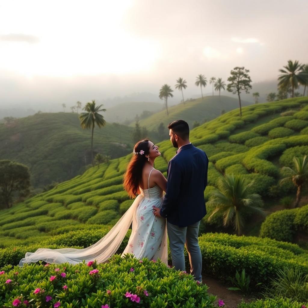Honeymoon couple in Munnar tea gardens with Alleppey backwaters and Thekkady lake