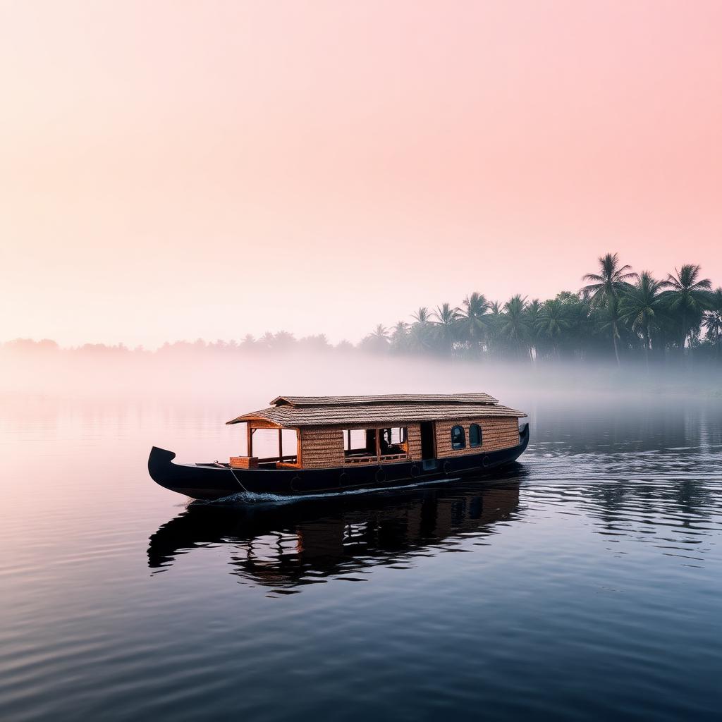 Traditional houseboat on Poovar backwaters at dawn