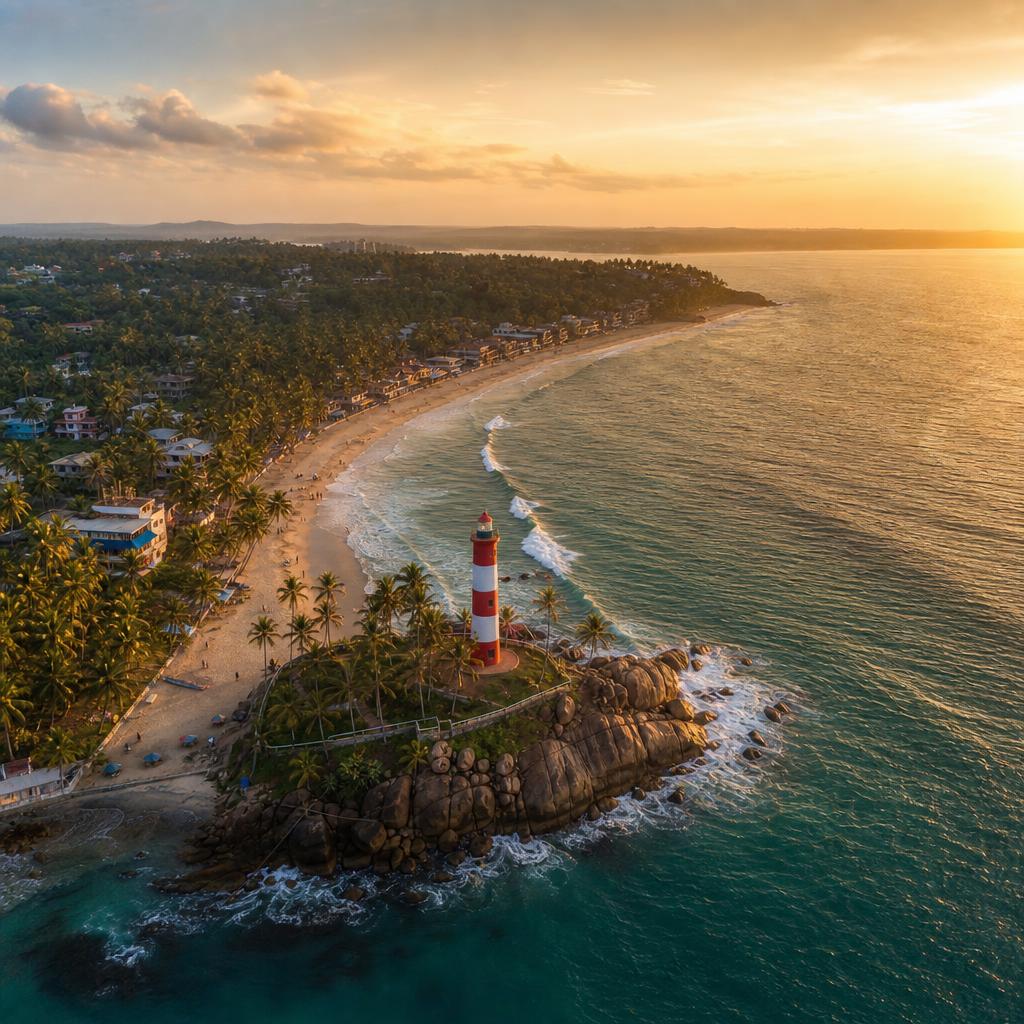 Kovalam lighthouse beach and Poovar backwaters at golden hour in South Kerala