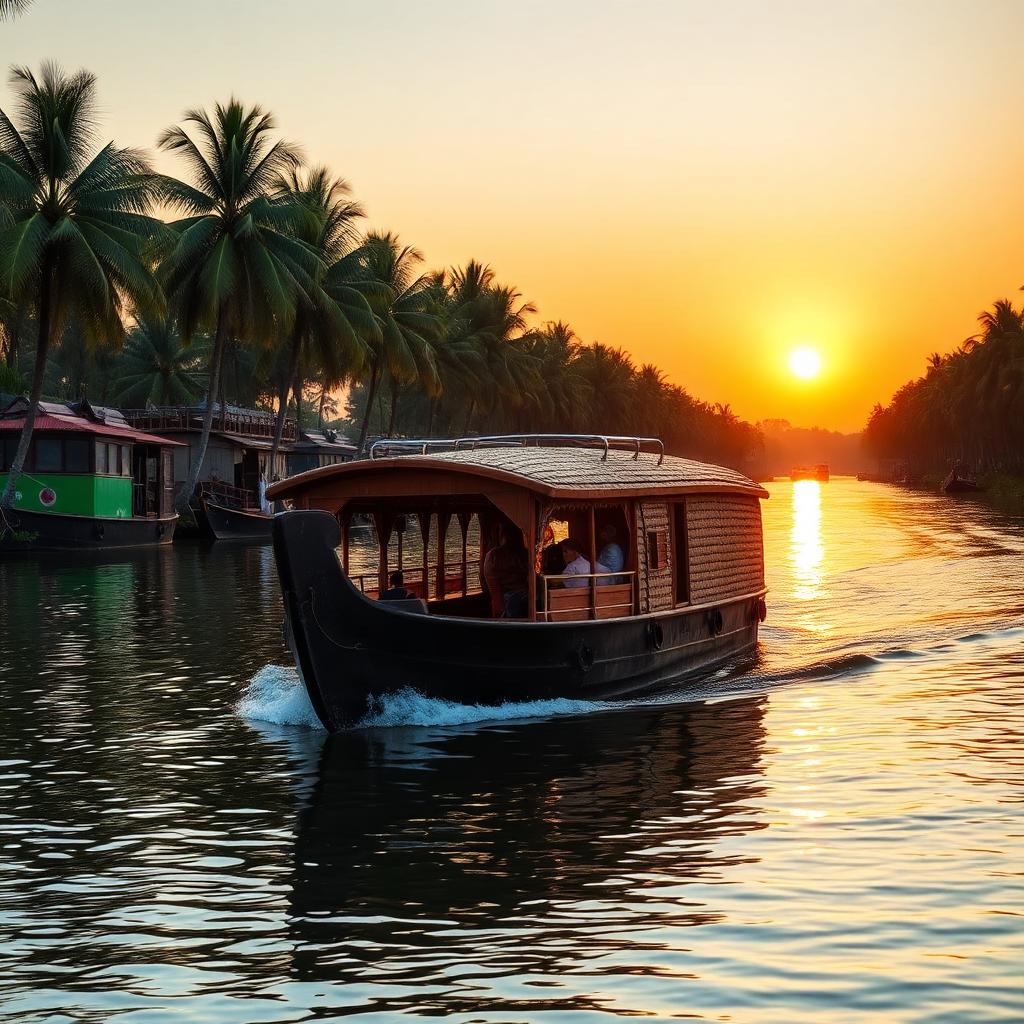Traditional Kerala houseboat cruising the Alleppey backwaters at sunset