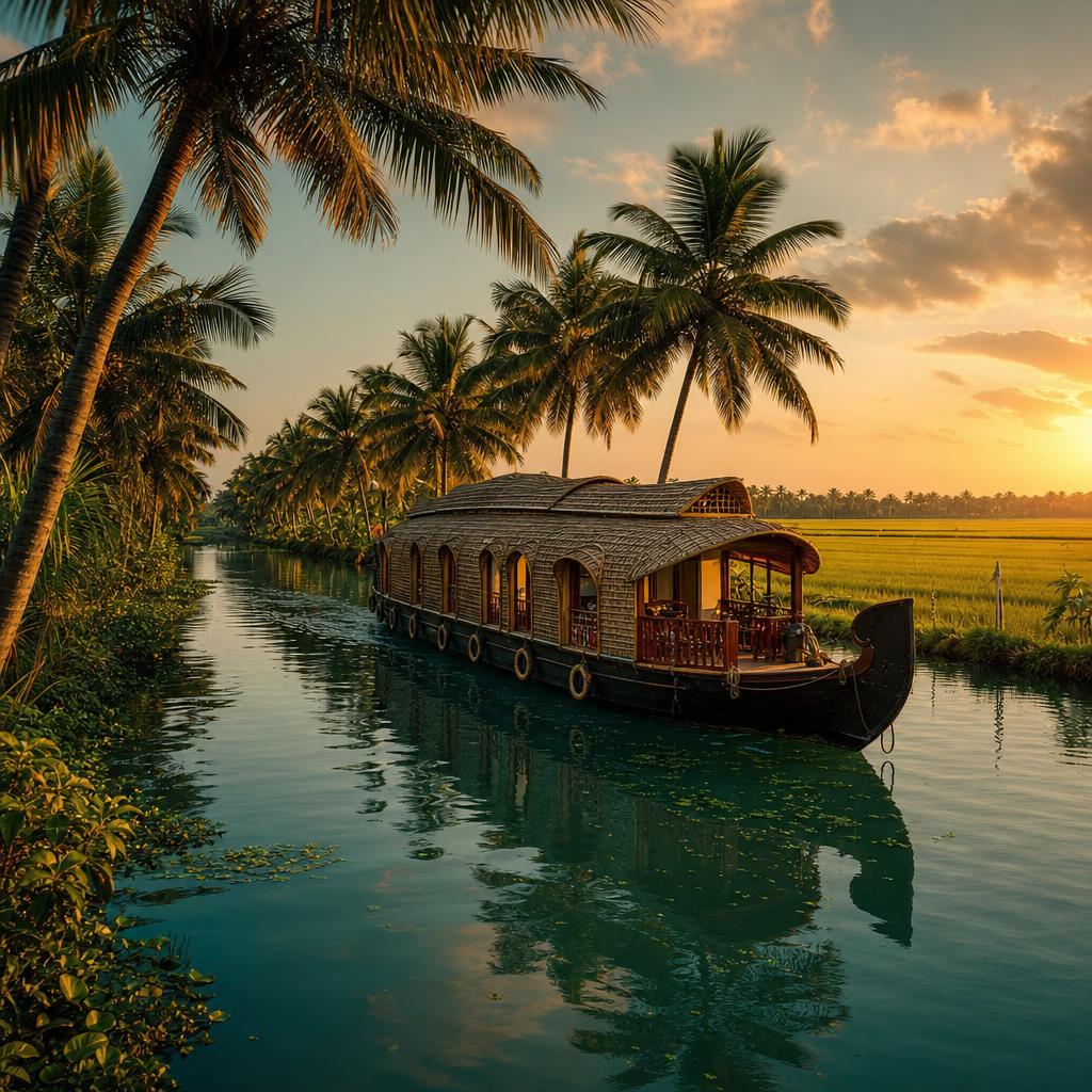Traditional Alleppey houseboat drifting along a palm-lined Kerala backwater canal at golden hour