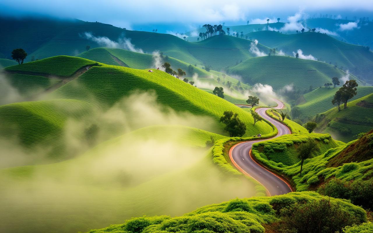 Kerala tea plantations and backwaters at sunrise