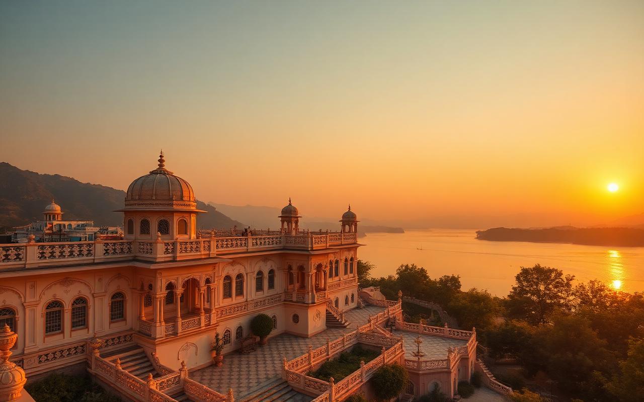 Udaipur palace overlooking Lake Pichola at sunset