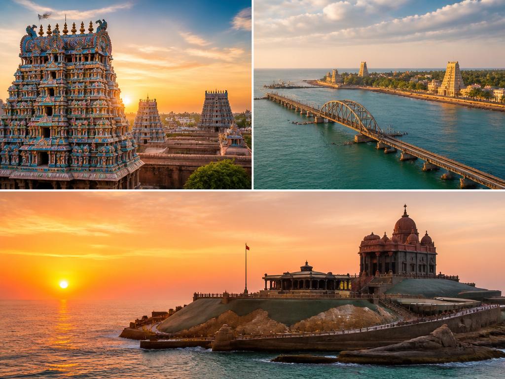 Meenakshi temple in Madurai, Rameshwaram sea bridge and Kanyakumari sunrise memorial