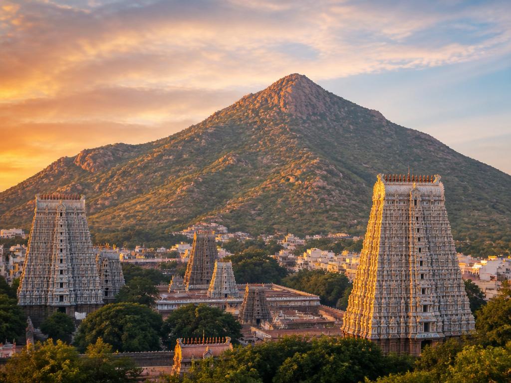 Tiruvannamalai Arunachala hill and Annamalaiyar temple towers at sunrise