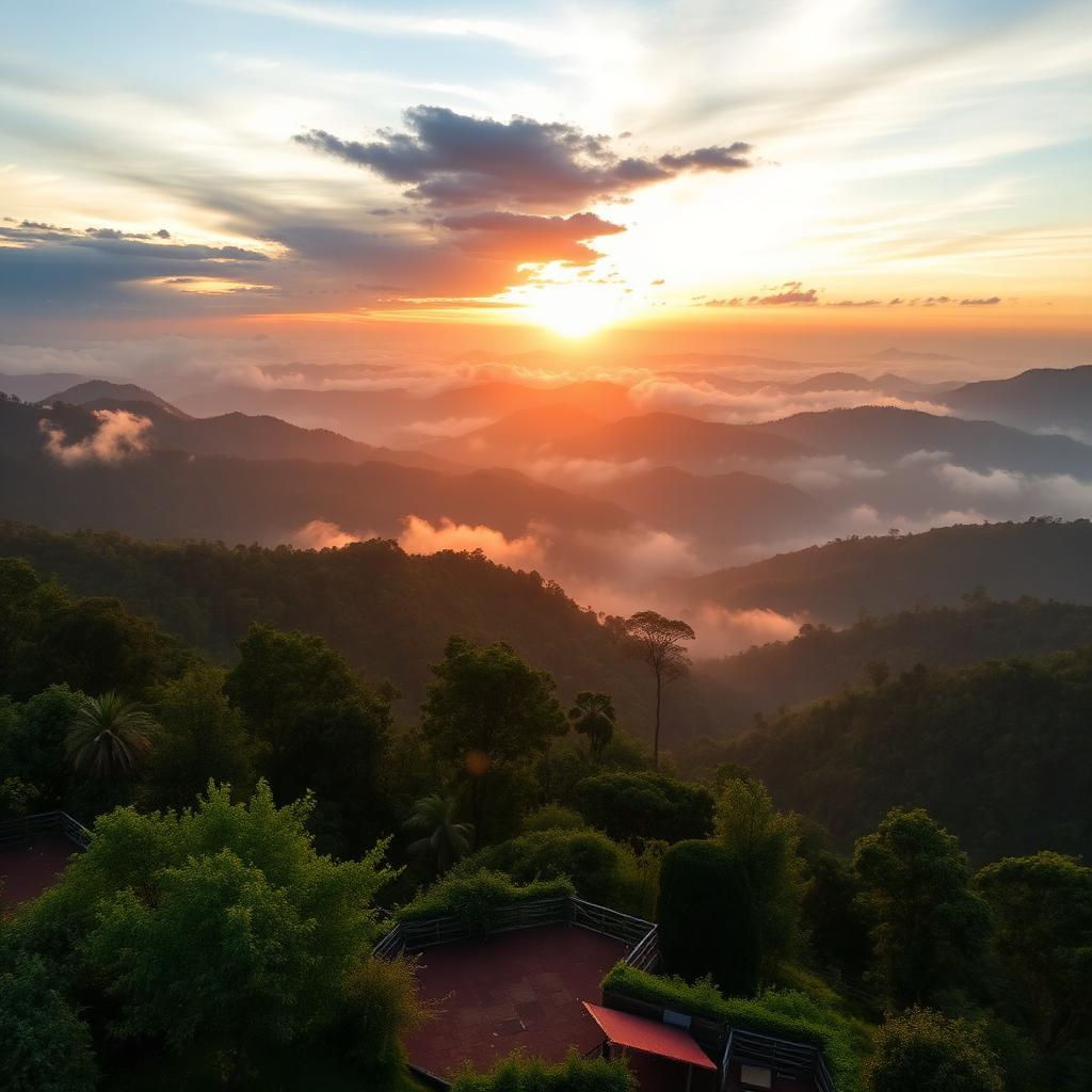Sunrise over the misty valleys of Coorg from Raja's Seat viewpoint