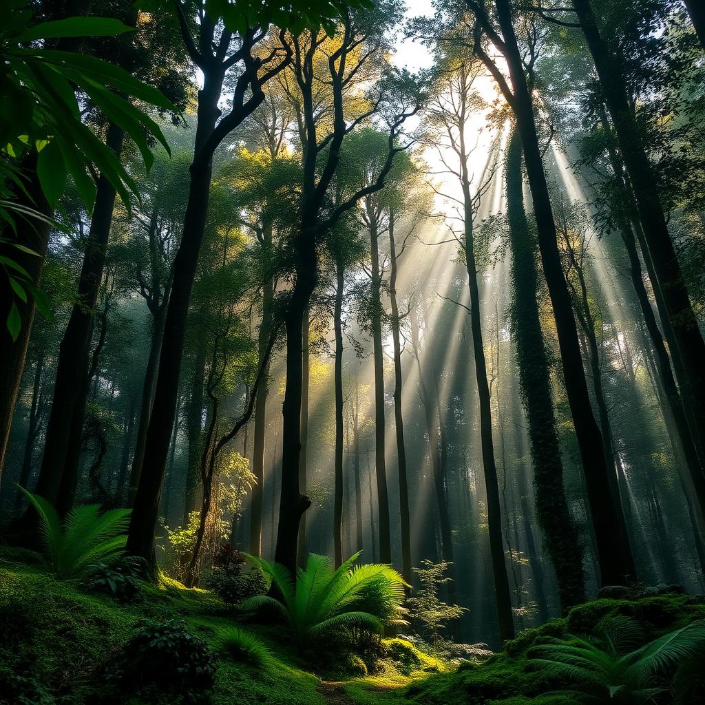 Sunlight streaming through the dense green Dandeli forest canopy