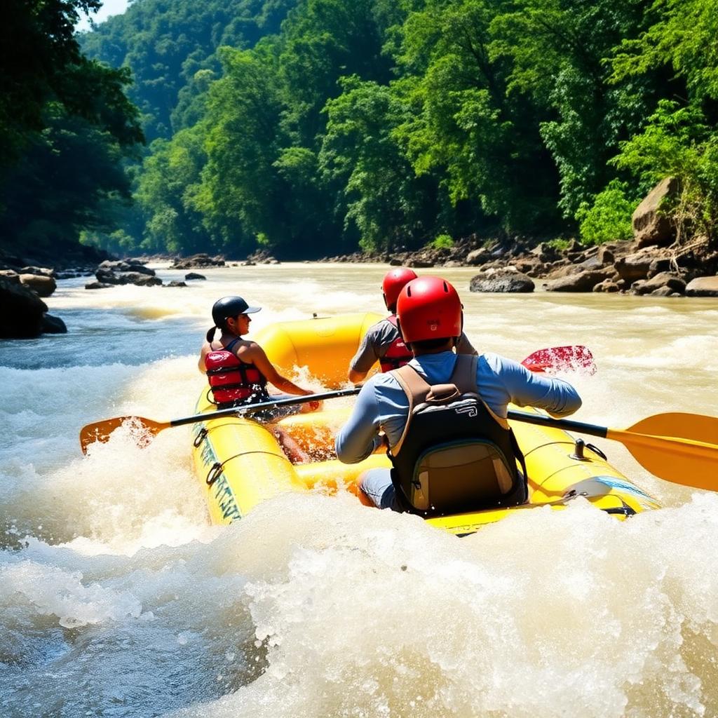 White-water rafting on the Kali river through frothy rapids in Dandeli