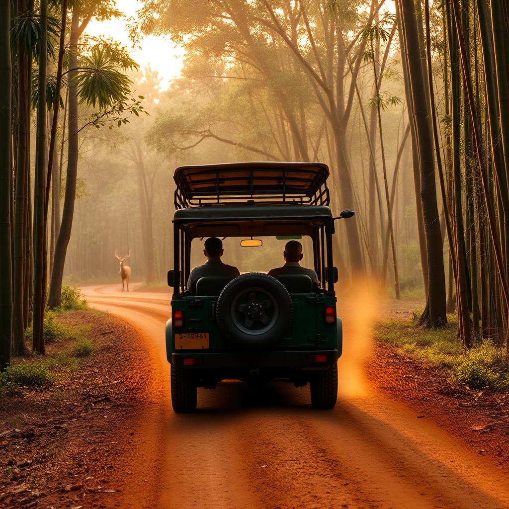 Open safari jeep on a red dirt trail in Dandeli Wildlife Sanctuary at golden hour