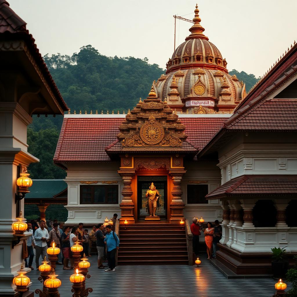 Dharmasthala Manjunatha Temple in Karnataka lit by evening oil lamps