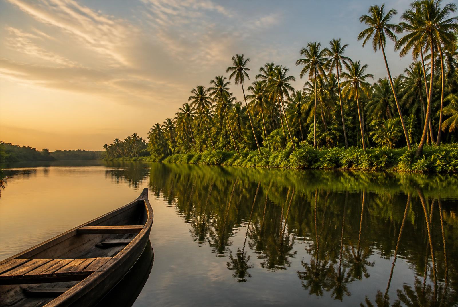 Traditional wooden canoe on calm Parassinikadavu backwaters surrounded by palm trees