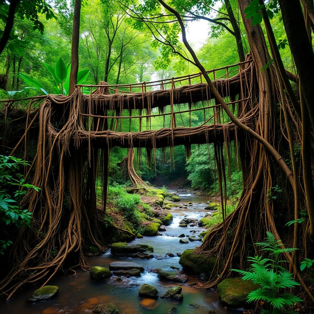 Intricate double-decker living root bridge crossing a rainforest stream in Nongriat