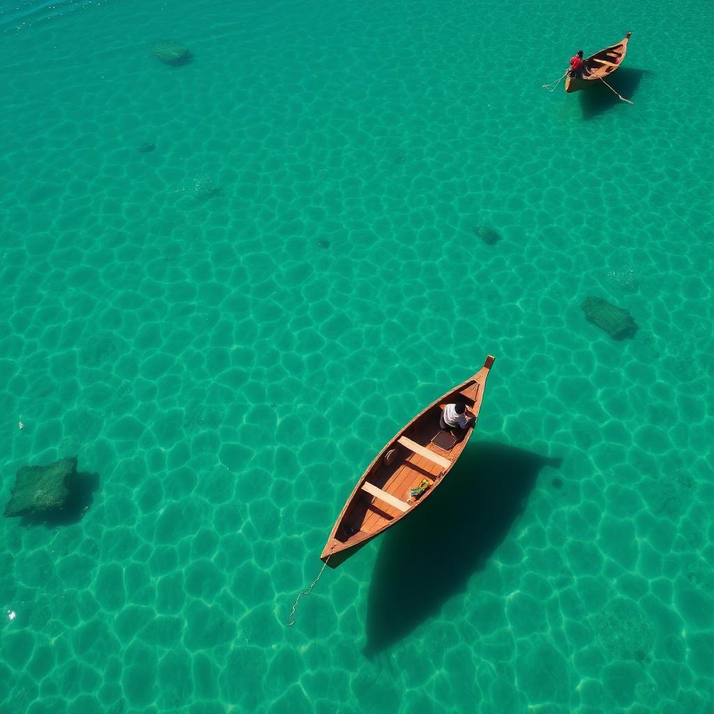 Wooden boat casting a shadow on the crystal-clear turquoise Umngot river at Dawki