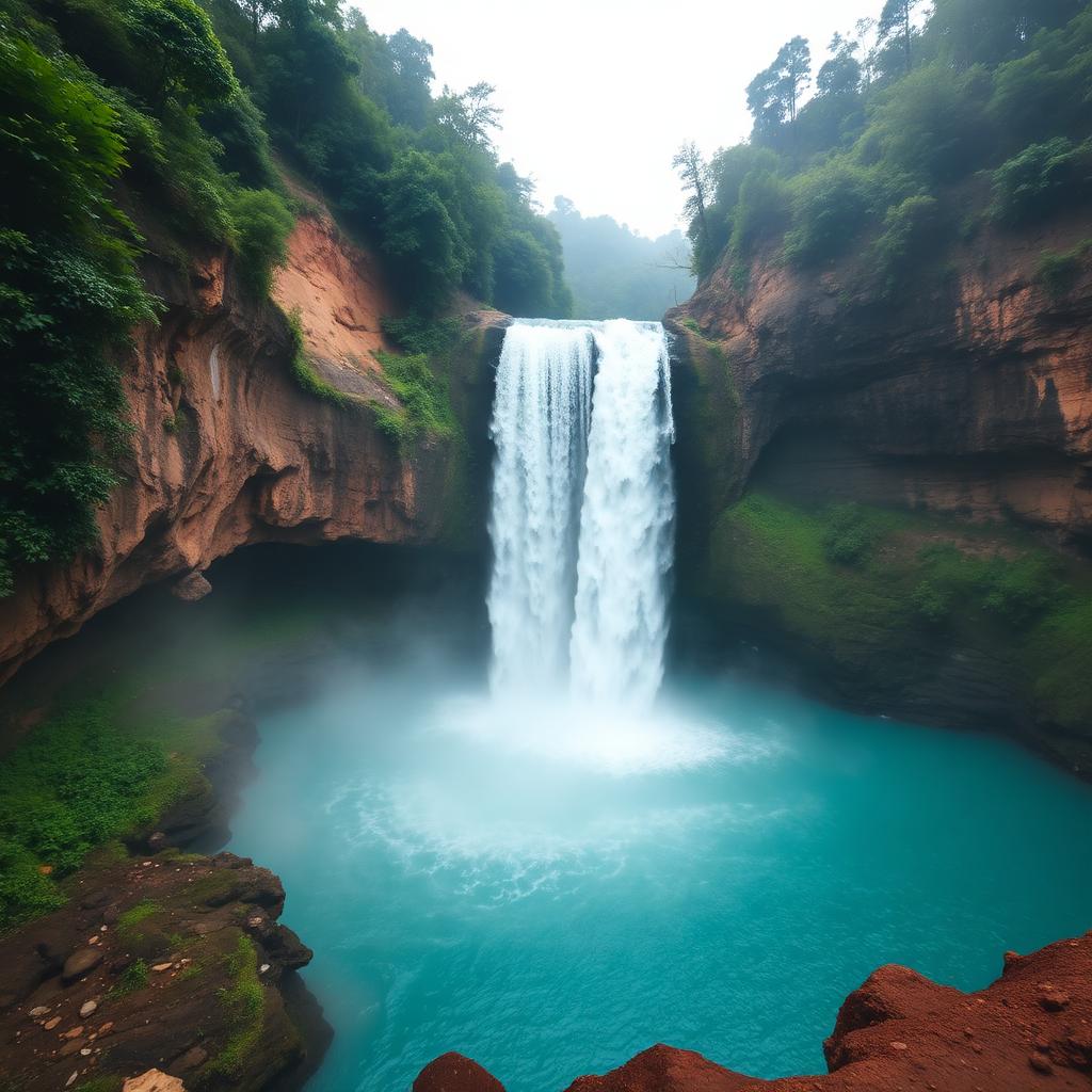 Nohkalikai Falls plunging into a turquoise plunge pool below dramatic green cliffs