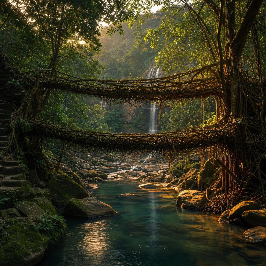 Meghalaya's double-decker living root bridge in the Khasi hills with a waterfall cascading beside it