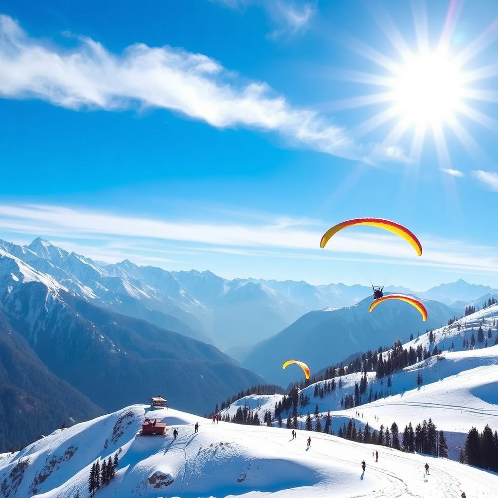 Colourful paragliders sailing over the snow slopes of Solang Valley near Manali