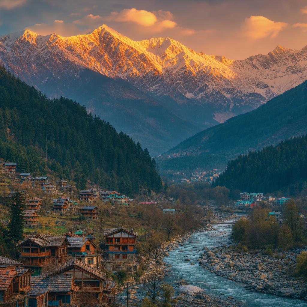 Alpenglow on the snow-covered Pir Panjal peaks above Manali's pine-forested valley