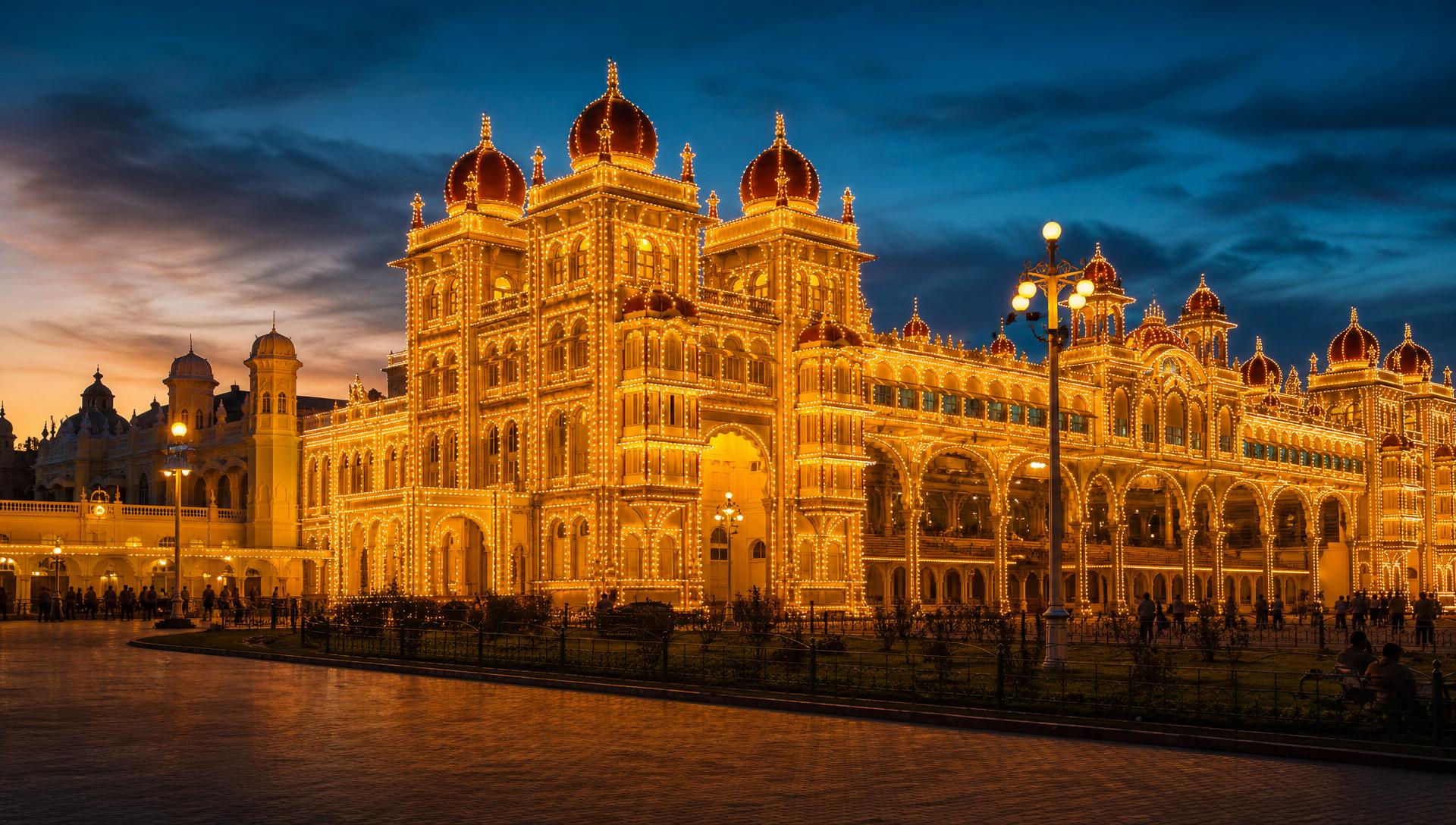 Mysore Palace illuminated at dusk