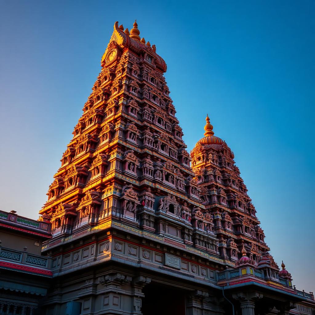 Colourful gopuram of Meenakshi Amman Temple in Madurai at golden hour