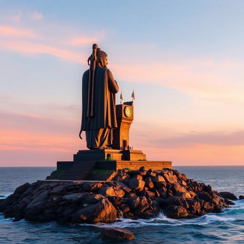 Towering Thiruvalluvar Statue at Kanyakumari against a soft sunset sky