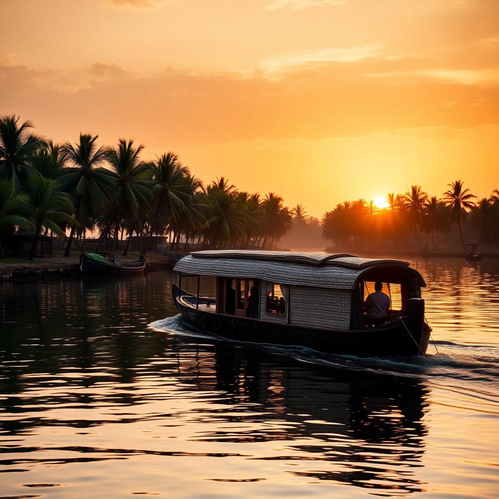 Traditional Kerala houseboat cruising the Alleppey backwaters at golden hour