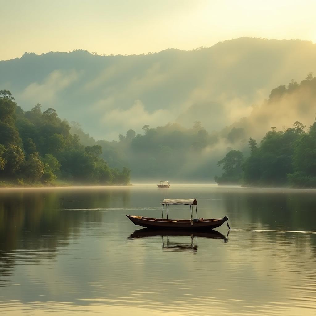 Calm Periyar Lake in Thekkady with a wooden boat and misty forested hills