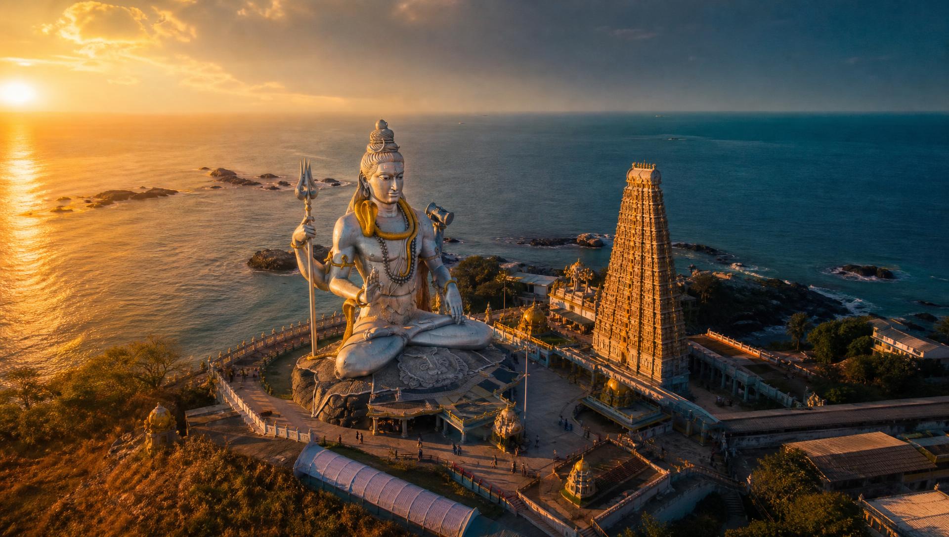 Murudeshwara's giant white seated Shiva statue and towering gopuram overlooking the Arabian Sea at sunset