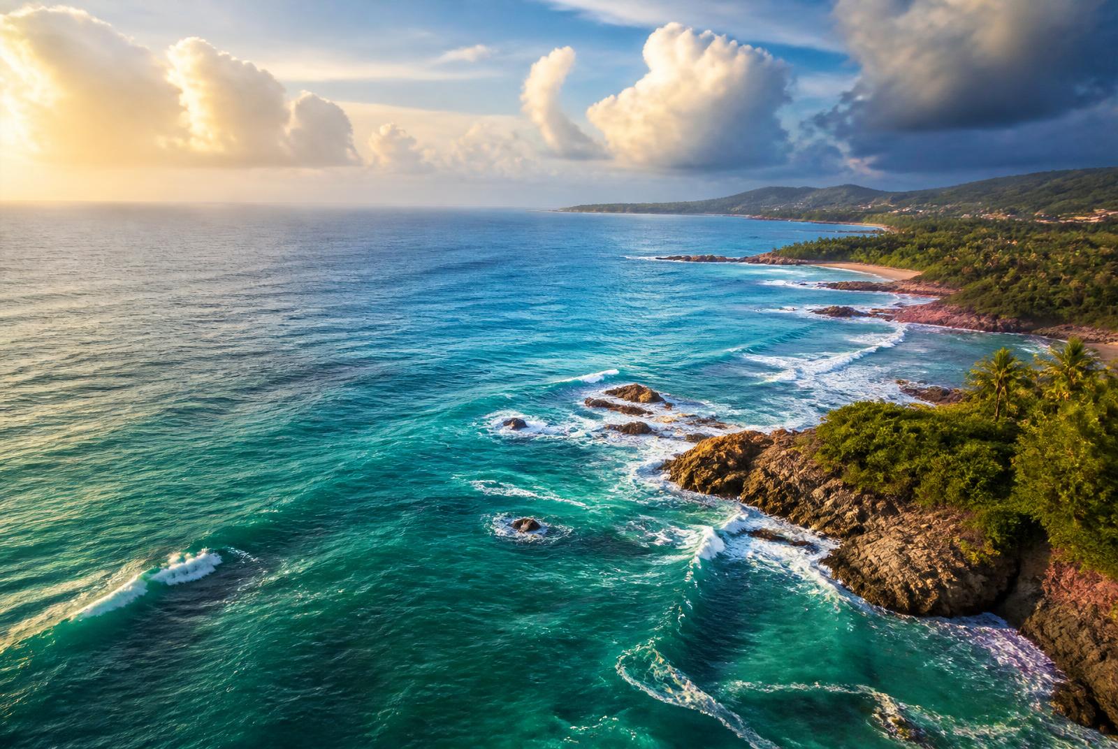 Aerial seascape of turquoise Arabian Sea waves meeting rocky Karnataka coastline