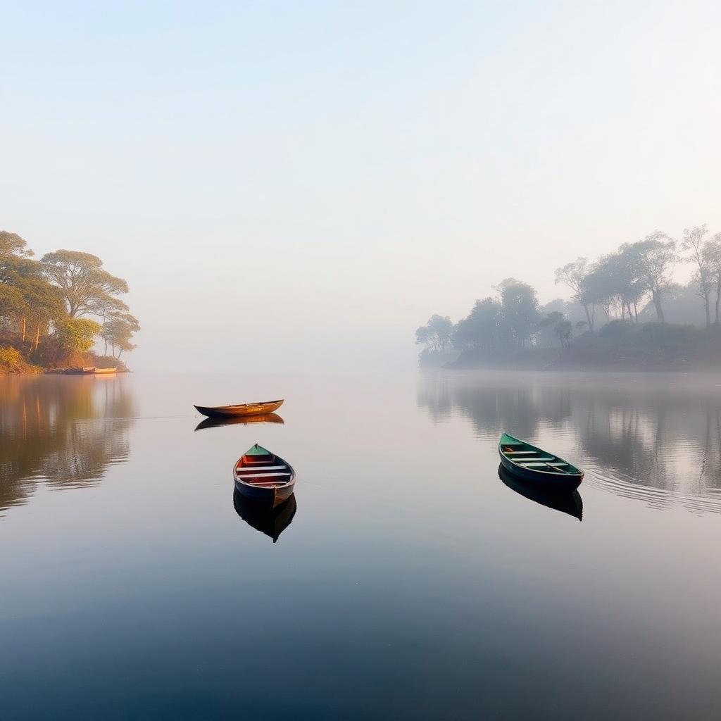 Misty morning over Ooty Lake with paddle boats and eucalyptus-lined shores