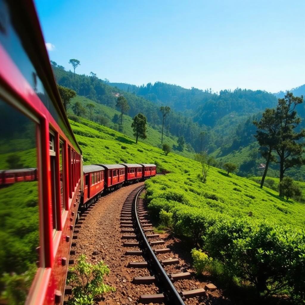 Heritage Nilgiri Mountain toy train winding through emerald tea gardens near Coonoor