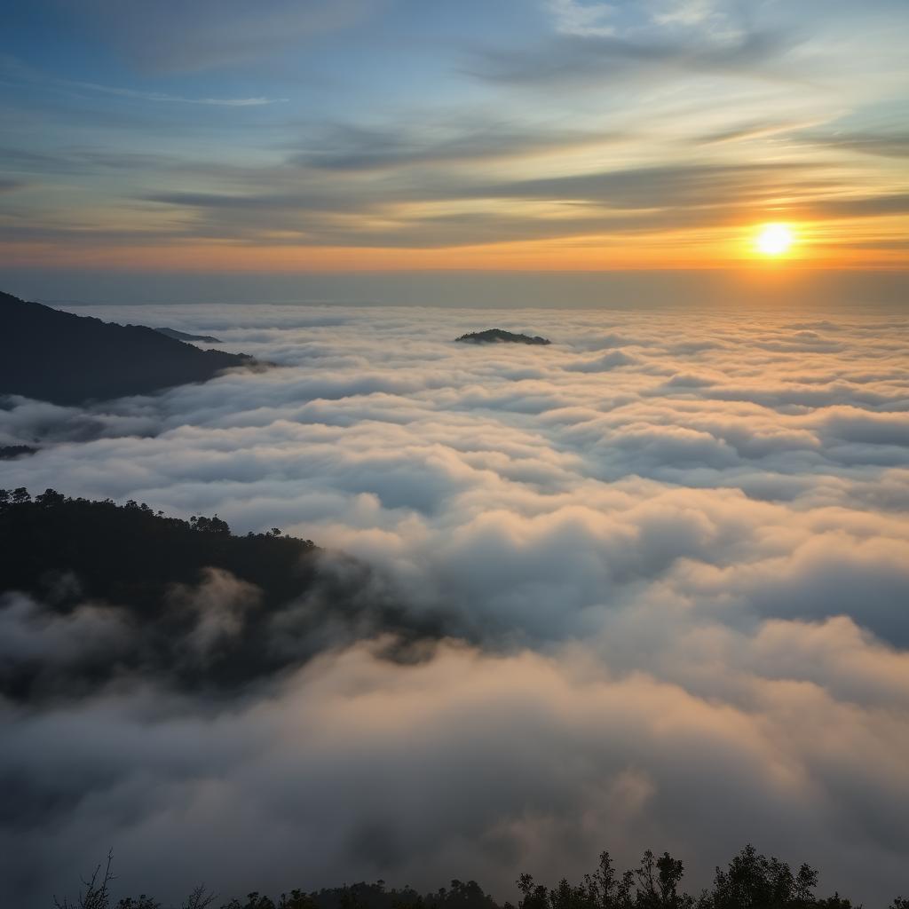 Sea of clouds rolling below Coaker's Walk viewpoint in Kodaikanal at sunrise