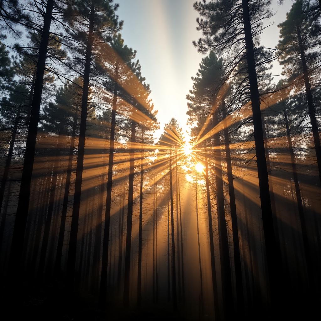 Golden light beams through tall pines in Kodaikanal's iconic Pine Forest