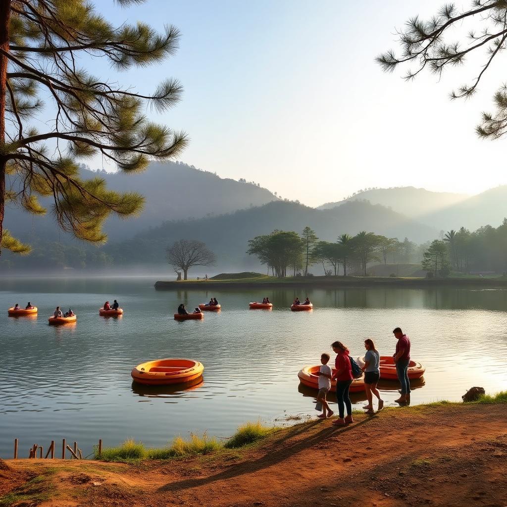 Star-shaped Kodai Lake ringed by pine trees and misty hills