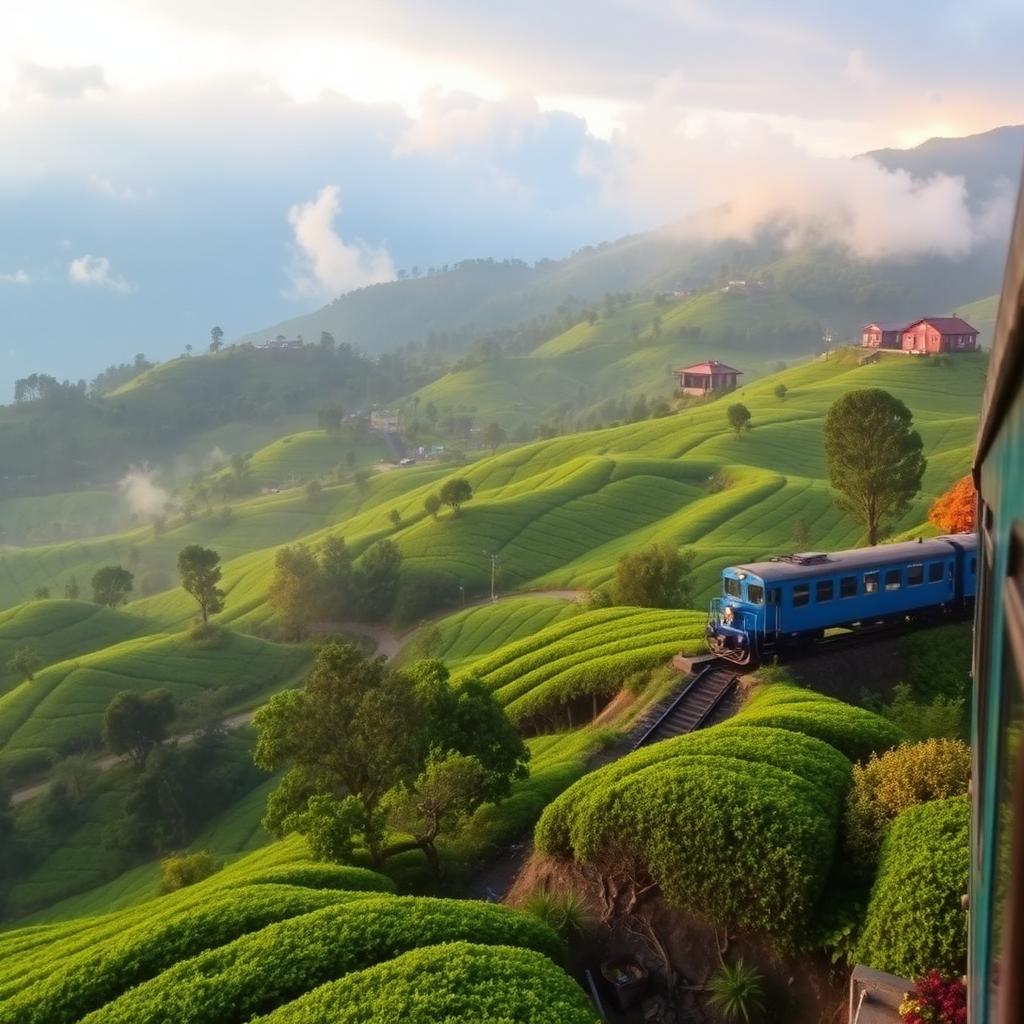 Rolling emerald tea plantations of Ooty with the Nilgiri Mountain Railway winding through