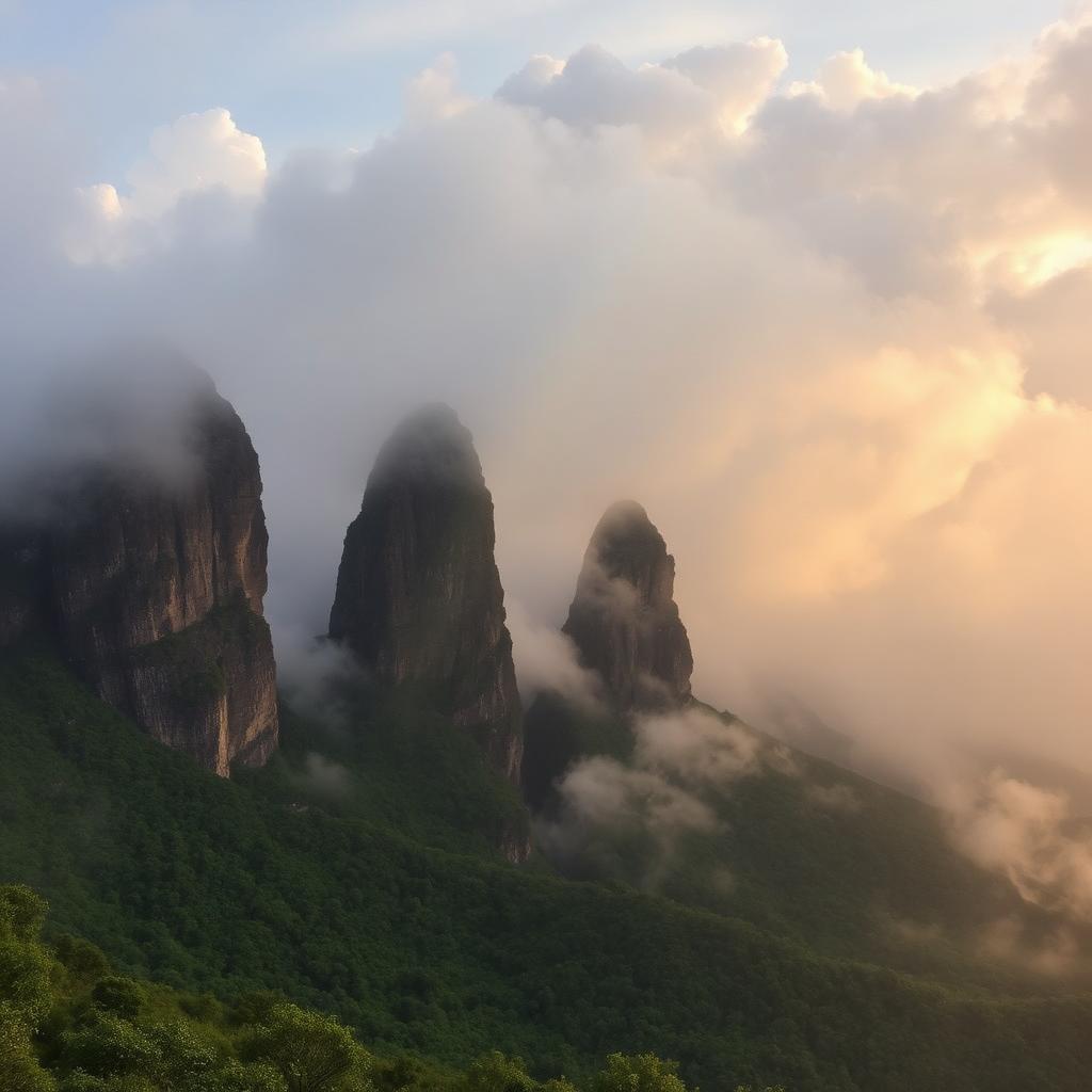 Three towering Pillar Rocks of Kodaikanal shrouded in mist