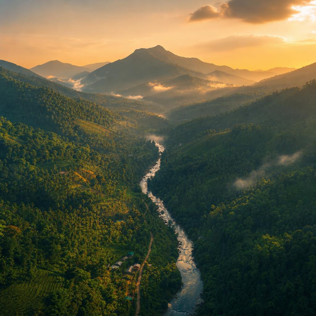 Wayanad river winding through green valleys and misty Western Ghats hills at dawn