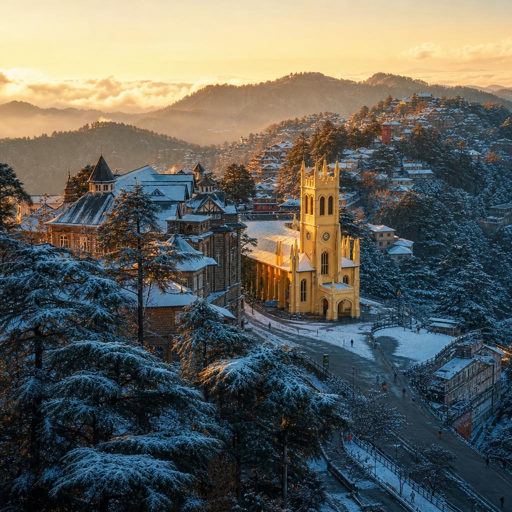Snow-covered Shimla rooftops with colonial church and Himalayan peaks at sunrise
