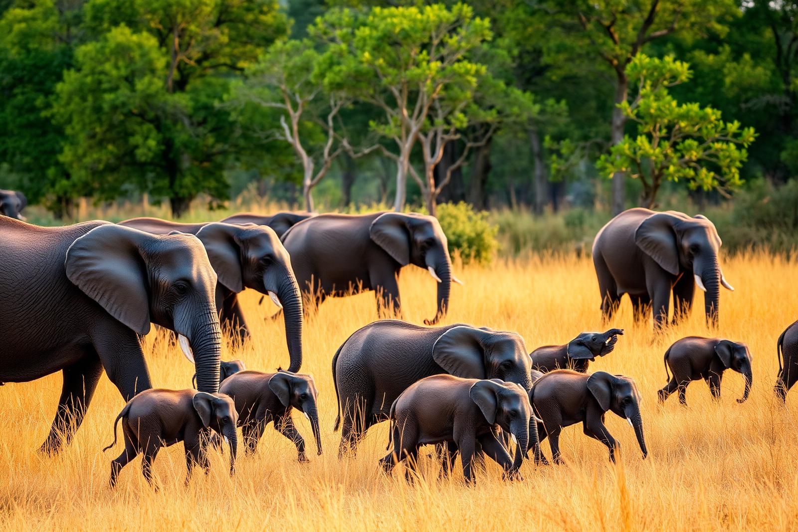 Herd of wild Indian elephants with calves grazing in the golden grasslands of Bandipur