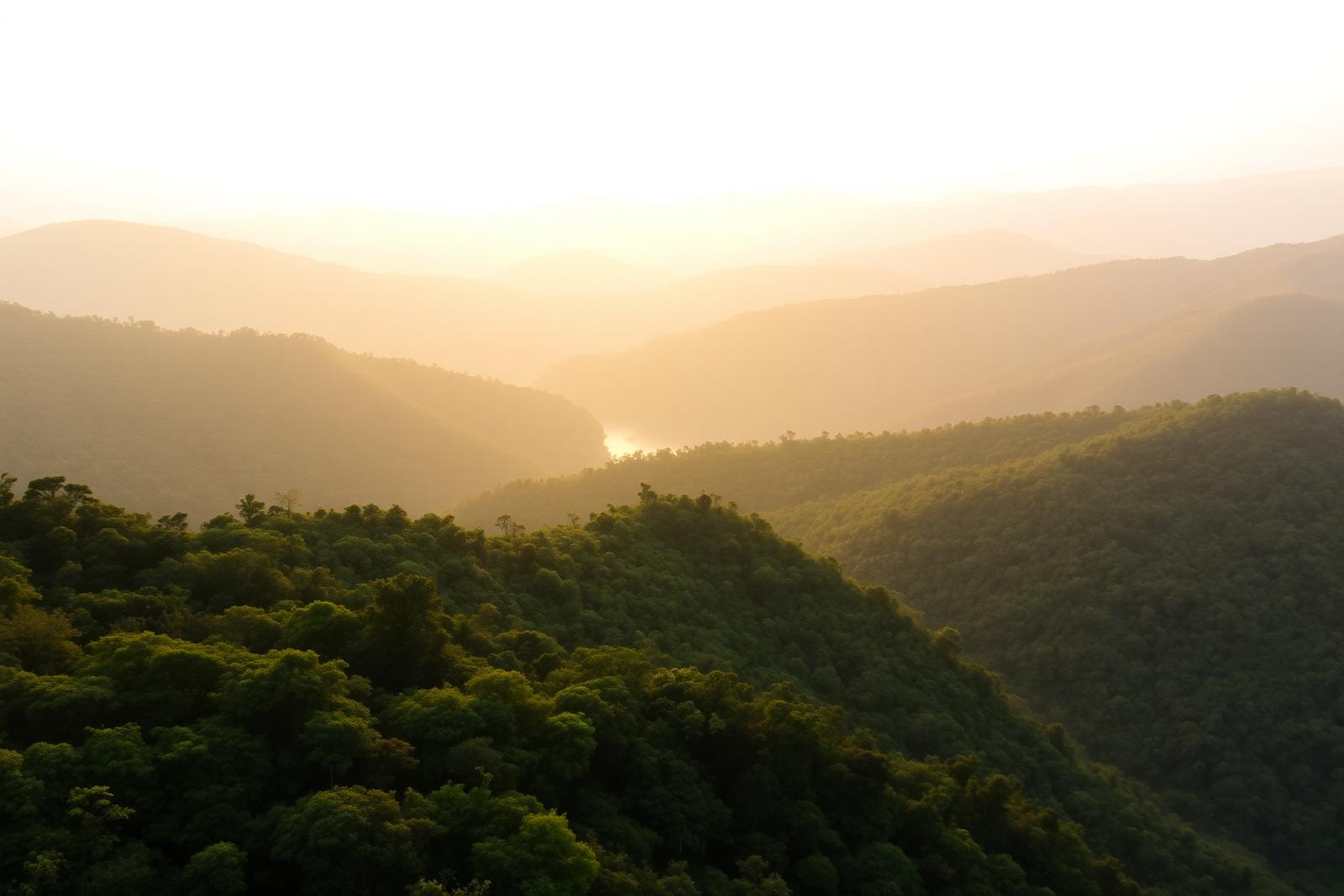 Rolling green Western Ghats forest landscape at sunrise with mist in the valleys