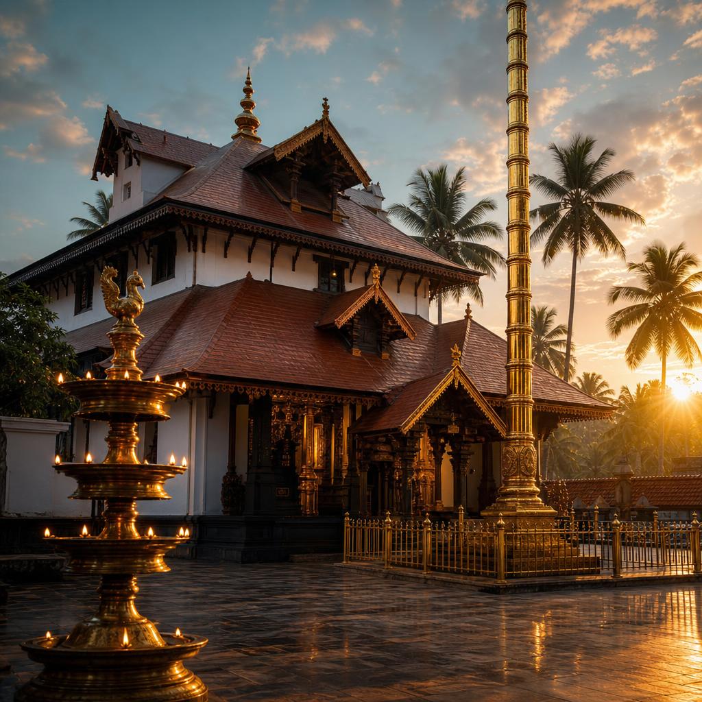 Guruvayoor Sri Krishna Temple in Kerala with traditional sloping copper roofs and white walls at dawn