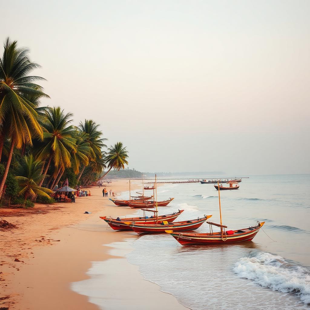Palm-fringed Kerala coast near Trivandrum with traditional fishing boats